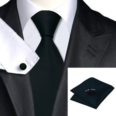 

N-0251 Vogue Men Silk Tie Set Black Solid Necktie Handkerchief Cufflinks Set Ties For Men Formal Wedding Business wholesale
