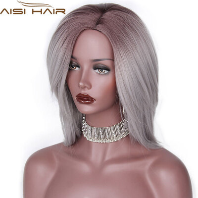 

AISI HAIR 16" High Temperature Fiber Short Straight Synthetic Ombre Blonde Color&Sliver Grey Wigs for Black Women