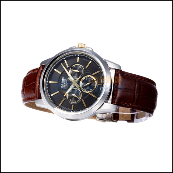 京东casio 卡西欧 beside系列精致雅痞风三眼多功能棕色皮带男表 bem