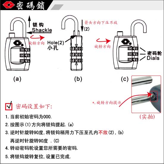 包装材质:双面吸塑附纸卡说明书 用途:旅游安检 旅行密码锁 箱包锁