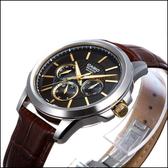 casio 卡西欧 beside系列精致雅痞风三眼多功能棕色皮带男表 bem-307