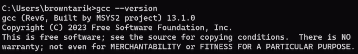 Picture displaying gcc’s version after installing MinGW toolchain
