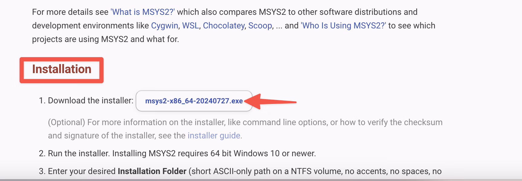 Downloading MSYS2