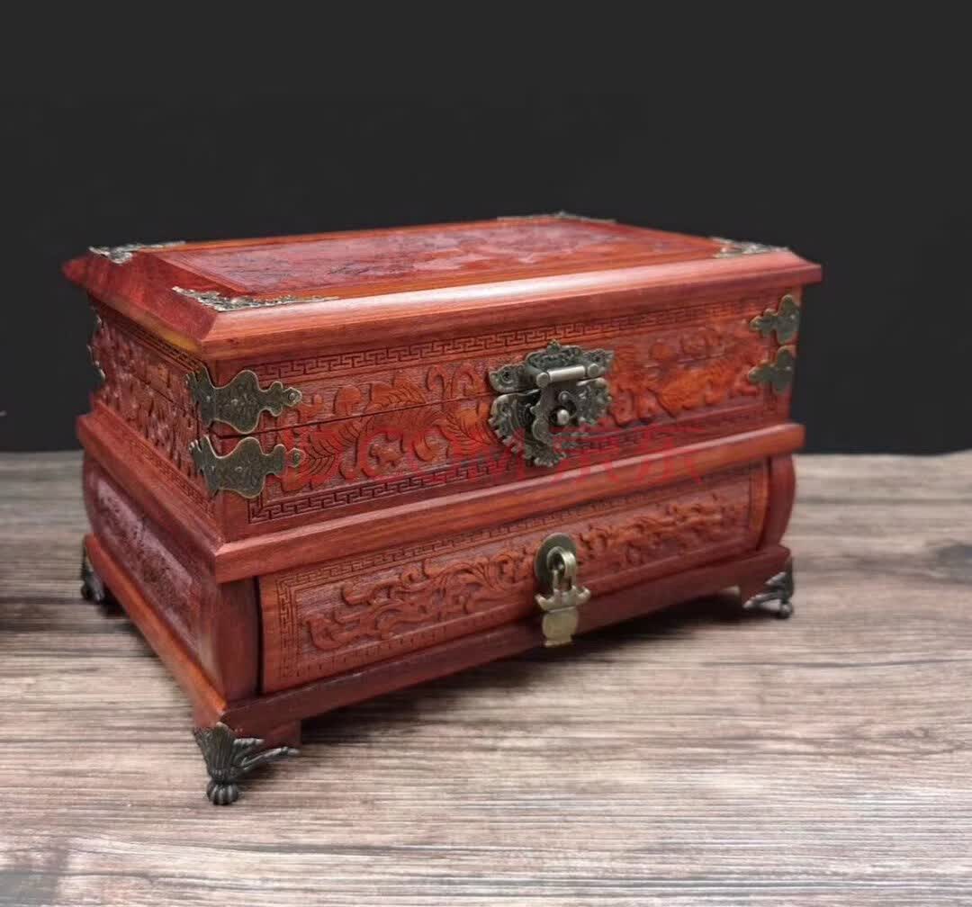 居家装饰工厂清货全手工榫卯雕花工艺赞比亚血檀明清首饰盒一个包邮标