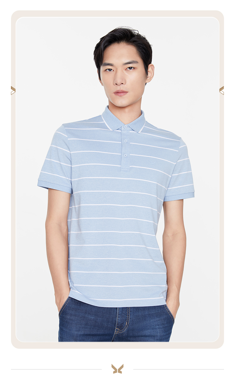 【商场同款 含桑蚕丝】九牧王男装短袖t恤男2022夏季新款条纹翻领上衣