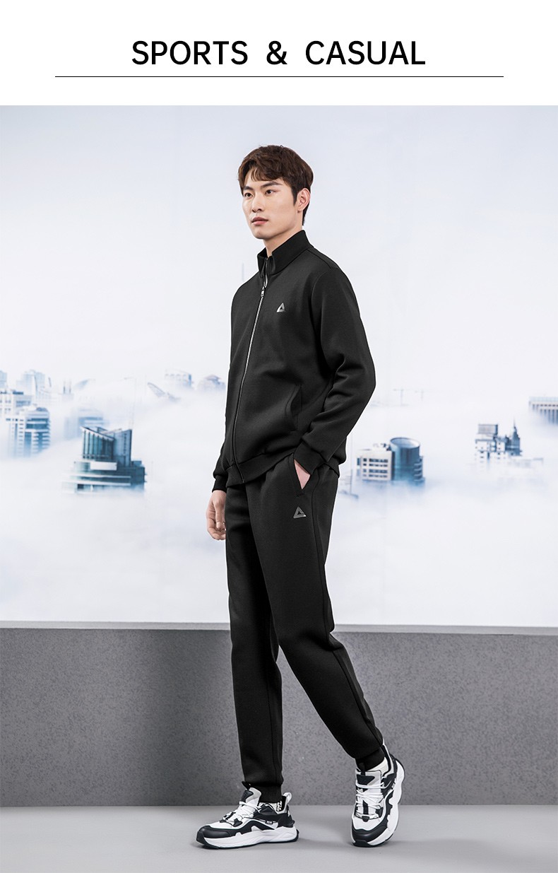 匹克运动套装男士新款开衫针织外套跑步长裤两件套休闲服df113051黑色