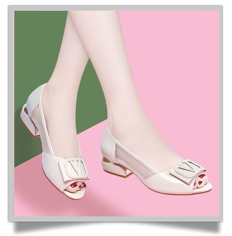 鱼嘴凉鞋女夏季时尚外穿2022夏新款网纱女鞋中跟粗跟软底软皮单鞋韵