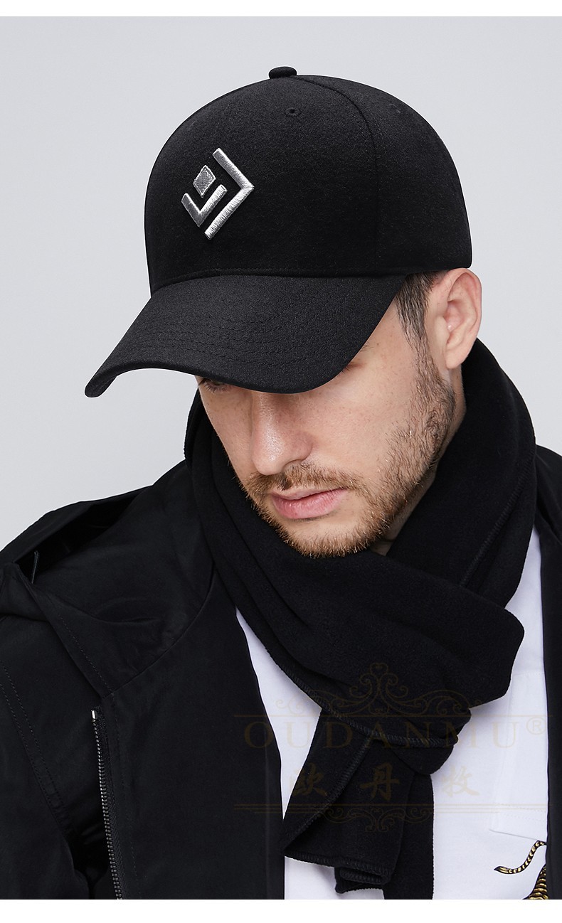 欧丹牧品牌羊毛呢棒球帽子男大头秋冬季硬汉刺绣保暖加深鸭舌帽黑色xl