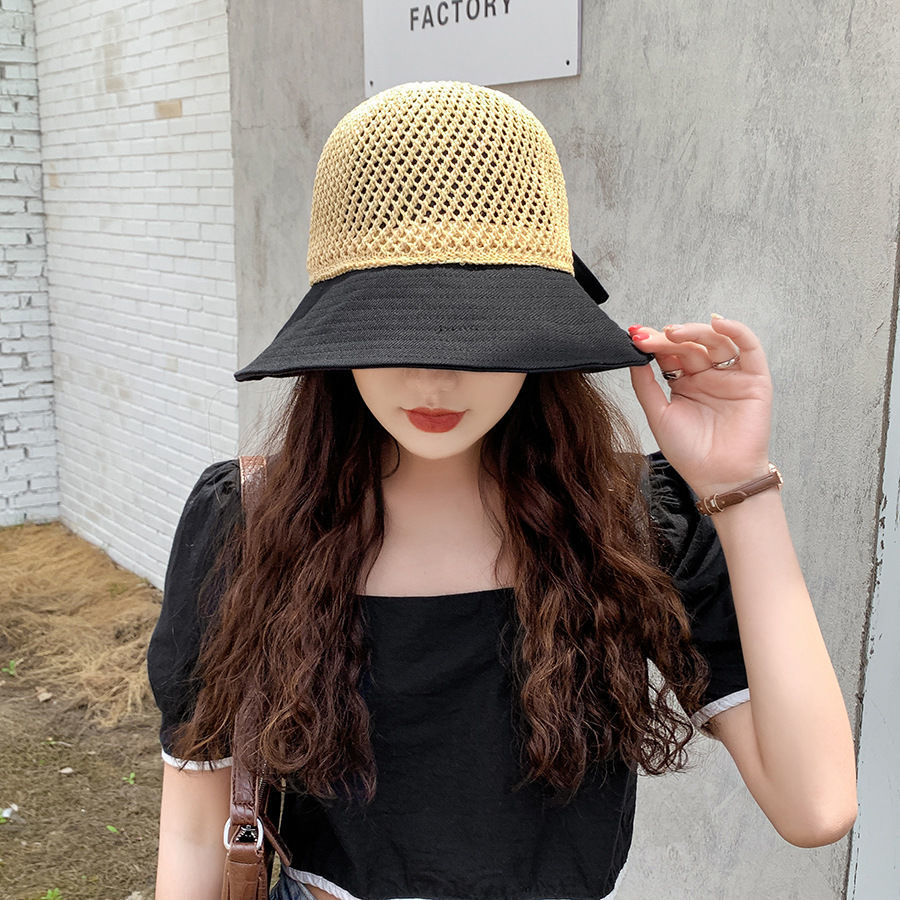 直播现货网红针织顶拼接渔夫帽子女拼色蝴蝶结遮阳帽百搭盆帽 黄色-拼