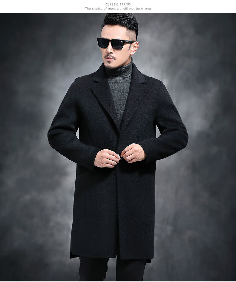 秋冬新品纯手工双面羊绒羊驼绒大衣中长款阿尔巴卡毛呢外套男 黑色