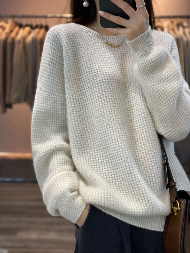 00%纯羊毛衫女冬季加厚菠萝针圆领慵懒风保暖毛衣设计感针织衫潮 青绒