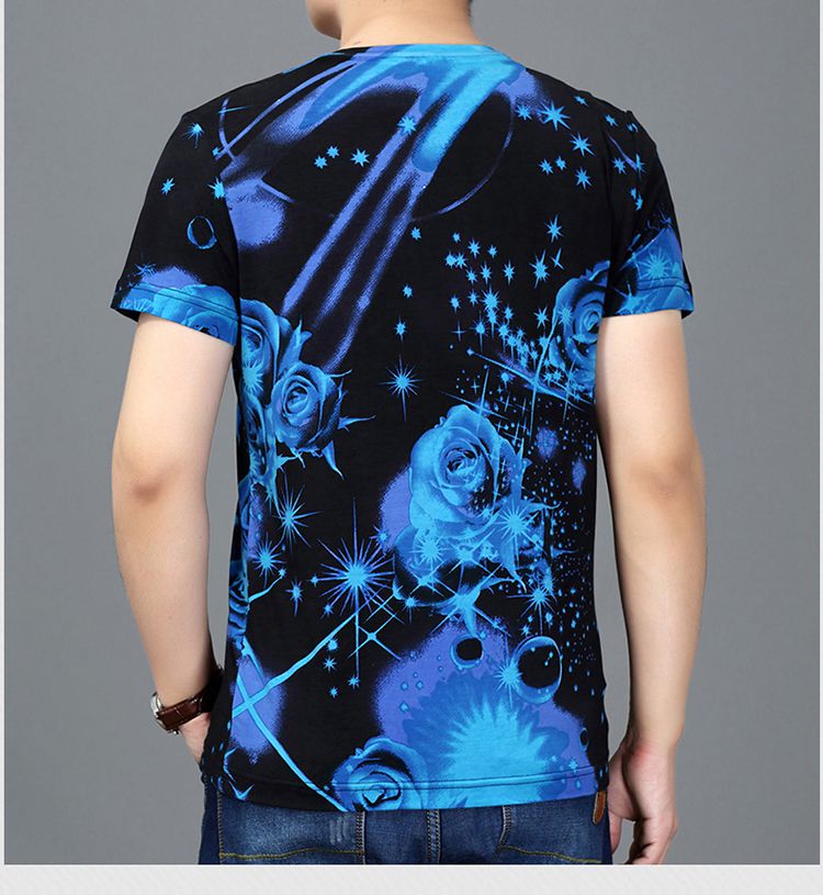 同款中青年男士花短袖t恤衫v领印花夏季丝光棉体恤薄款半袖透气男装潮