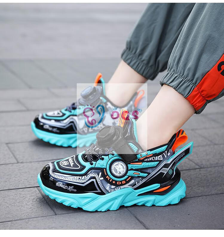 纽扣鞋皮面旋转纽扣运动鞋儿童boa旋钮鞋男童中大童休闲跑步鞋黑红278