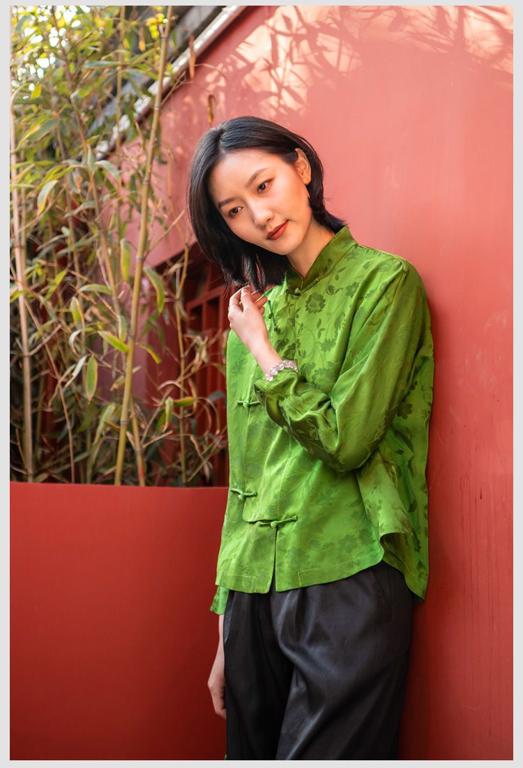蚕丝妈妈唐装真丝上衣花罗红云纱夏季复古改良短宽松显立领汉服绿色m