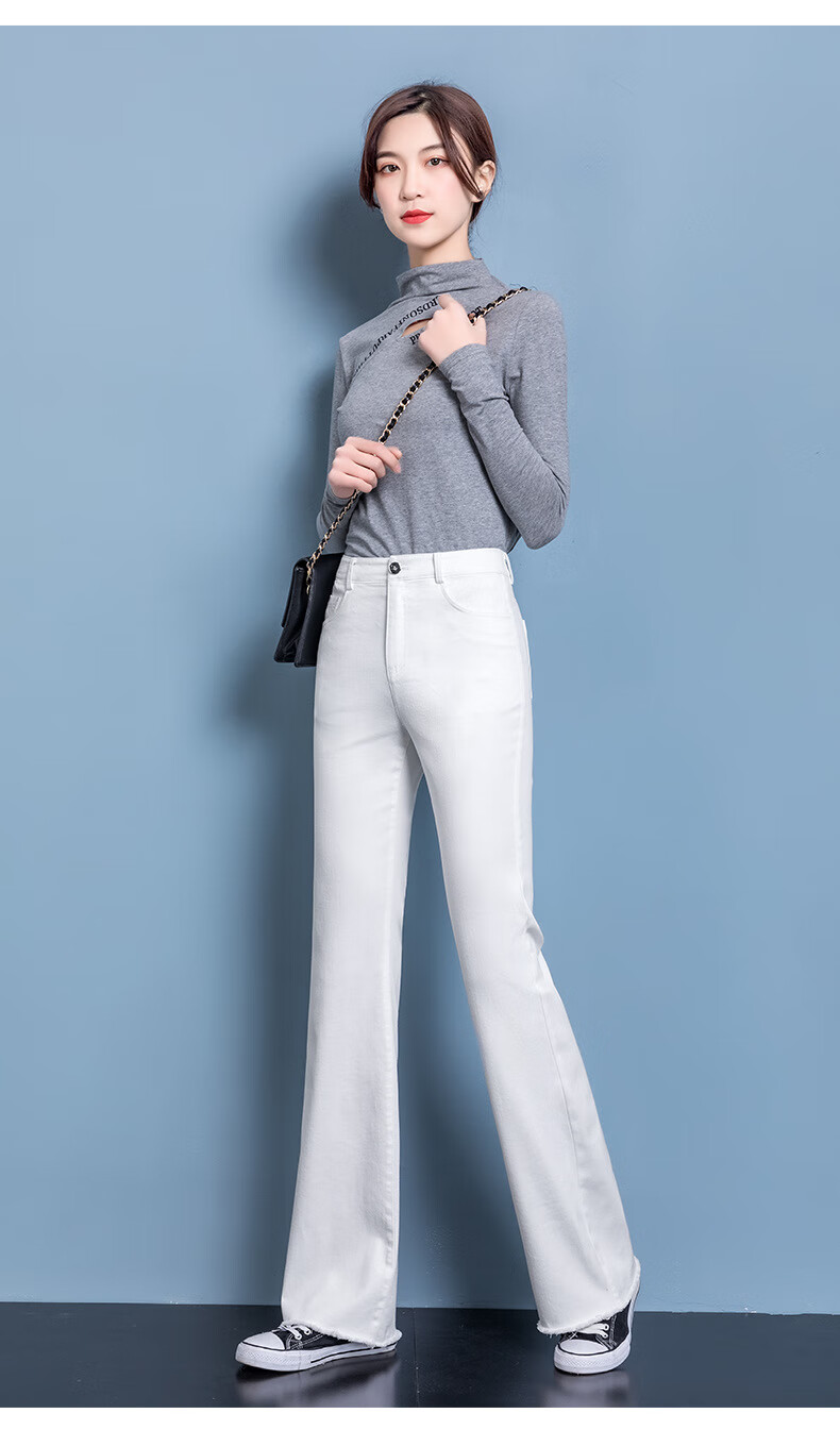 可福唯瑷2020春夏新款白色弹力裤高腰微喇牛仔裤女弹力显瘦九分裤