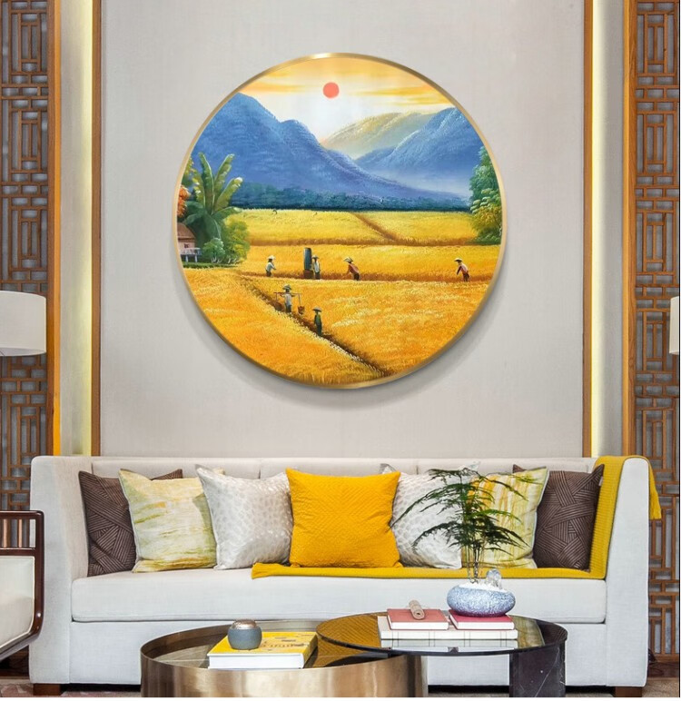 【轻奢高端】圆形麦田丰收景手绘油画挂画装饰画风景田园稻田现代客厅
