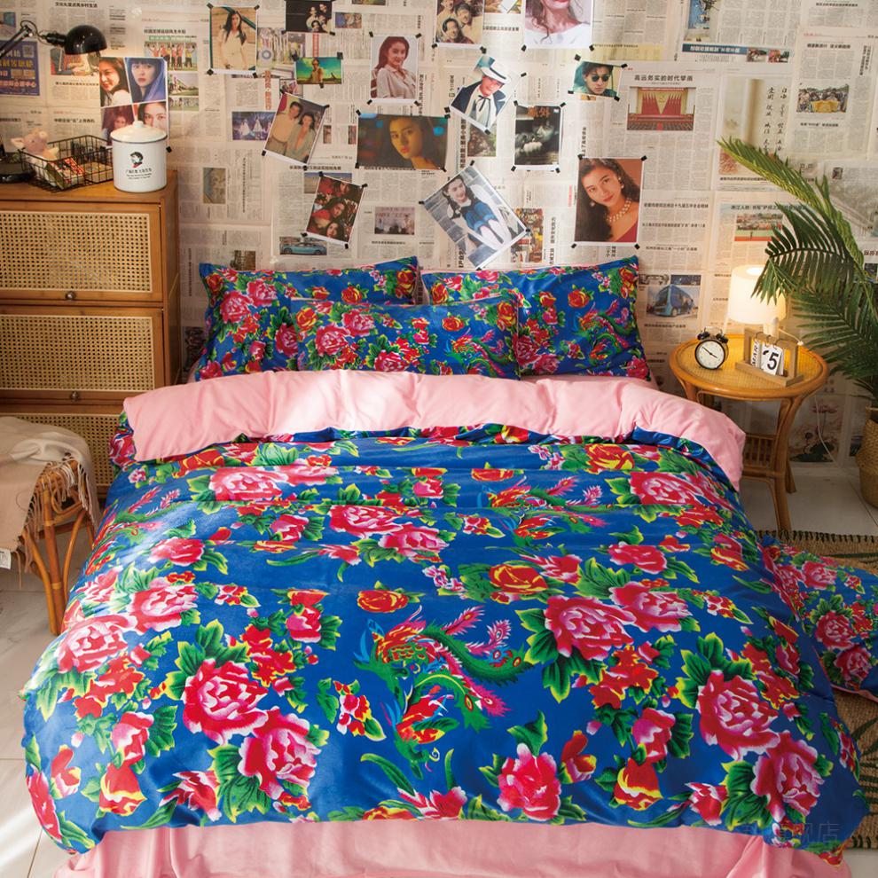东北大花布四件套怀旧复古老式床单被套东北大花布四件套水晶绒加绒