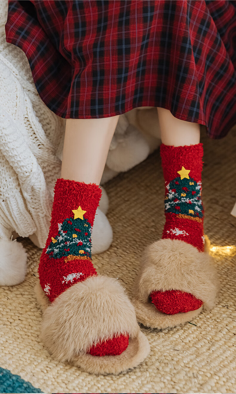 圣诞节礼物袜子女珊瑚绒加厚保暖居家地板秋冬月子睡眠毛绒礼盒袜圣诞