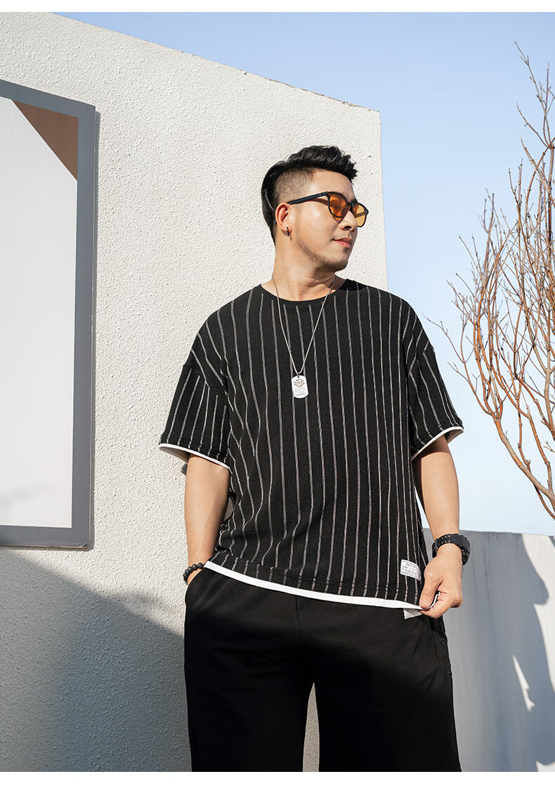 坦野大码男装短袖t恤男胖子男装加肥加大码男装胖子上衣宽松条纹t恤