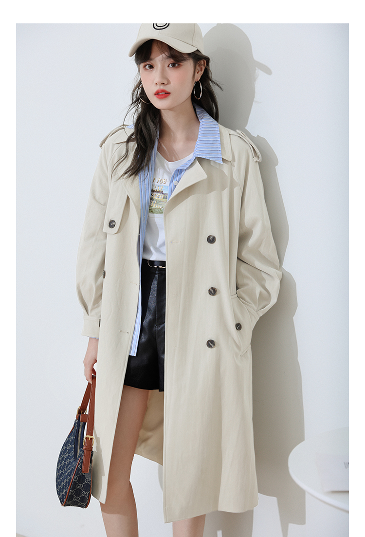 朵以2022春季新款休闲双排扣风衣优雅翻领腰带宽松中长款外套女37vc71