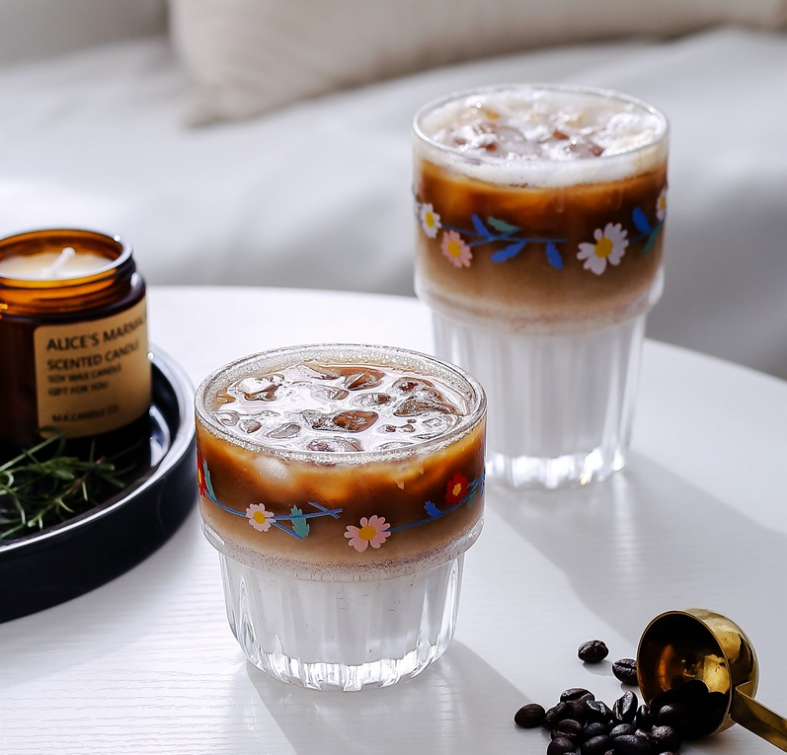 日本进口品质花朵杯冰咖啡杯玻璃杯清新少女心可乐奶茶杯矮款风铃花