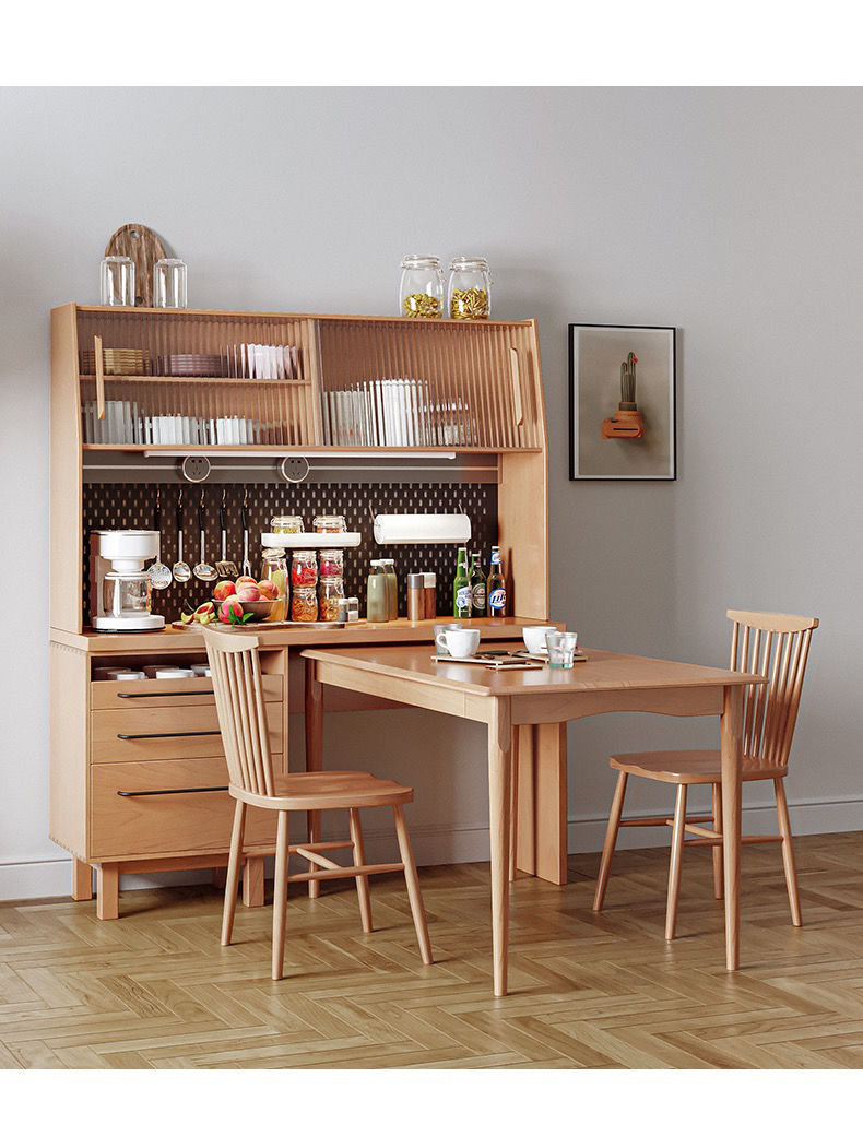 贝意品北欧餐边柜实木日式茶水餐桌一体柜简约现代多功能洞洞板储物柜