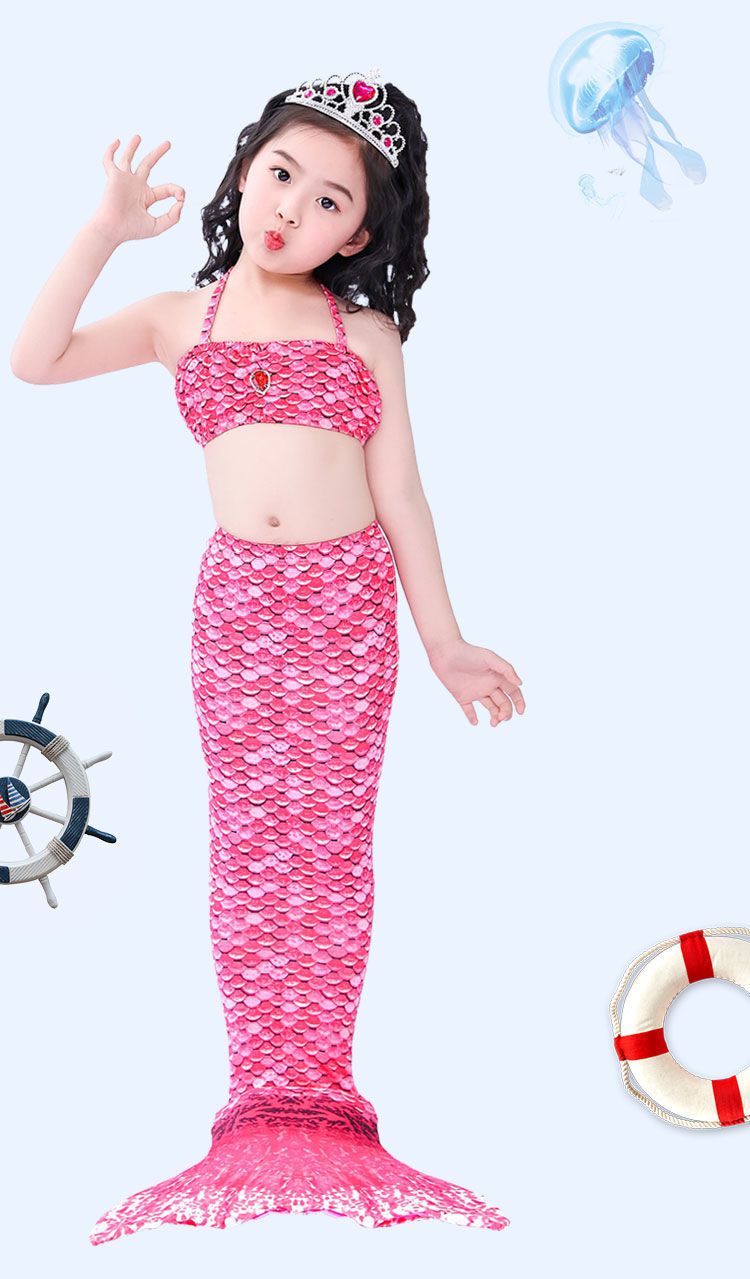 美人鱼尾巴女孩童美人鱼衣服套装游泳衣三件套小孩彩色美人鱼公主裙