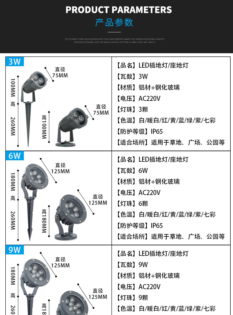led投光灯射灯户外照树灯彩色射树灯插地防水景观草坪绿化灯9w七彩