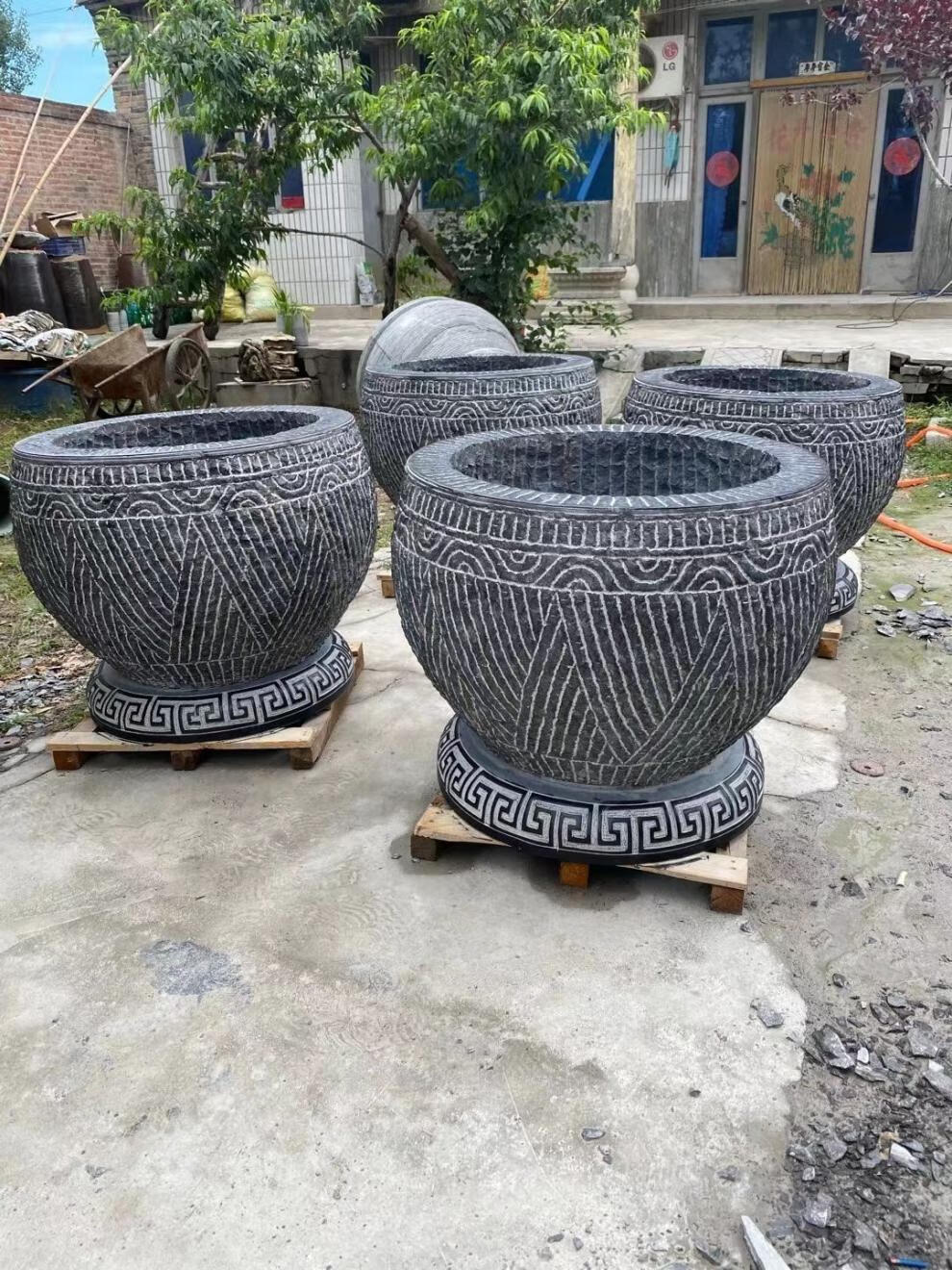 蓝桂青石仿古石雕花盆流水盆鱼缸庭院养鱼水池荷花缸种花石盆石缸石槽