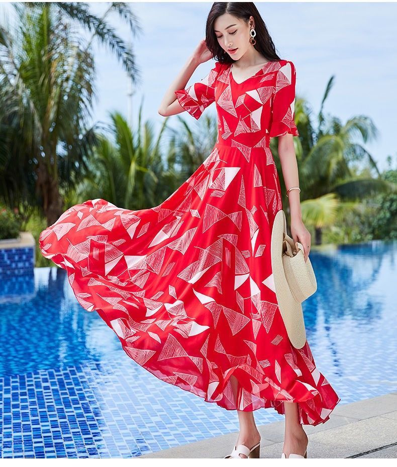 雪纺沙滩裙超仙红色连衣裙女夏显瘦三亚海边旅游拍照度假长裙红色m92