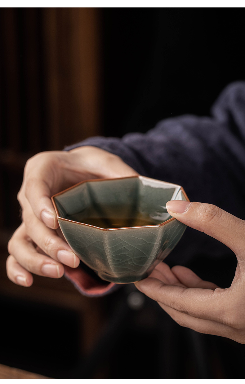 哥窑六面杯官窑冰裂纹茶杯家用功夫茶具哥窑个人品茗杯主人杯单杯泡