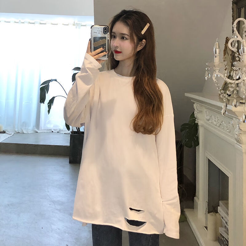 秋冬新款长袖t恤女长袖恤女宽松白色打底衫女秋冬中长款内搭叠穿搭配