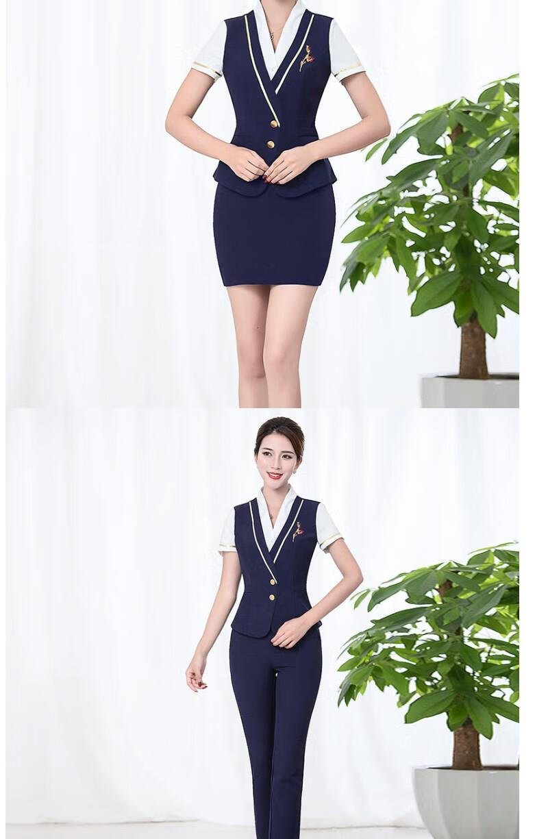 工装修身足疗工作服女技师新款酒店空姐制服职业套装夏h8 藏青长裤款