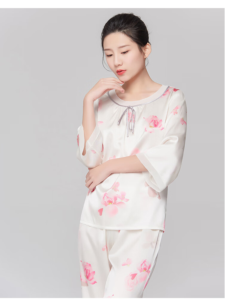 绣娘丝绸真丝睡衣女长袖秋桑蚕丝家居服外穿清雅花韵 白色 160(m)