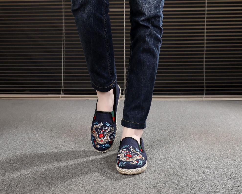 渔夫鞋男中国风士绣花鞋布鞋牛筋底圆头休闲鞋帆布鞋 米色 38