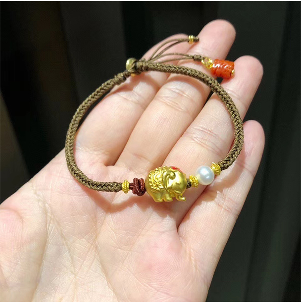 宫之瑄 泰国象手链黄金转运珠手绳女手工编织999足金diy配件烧蓝手链