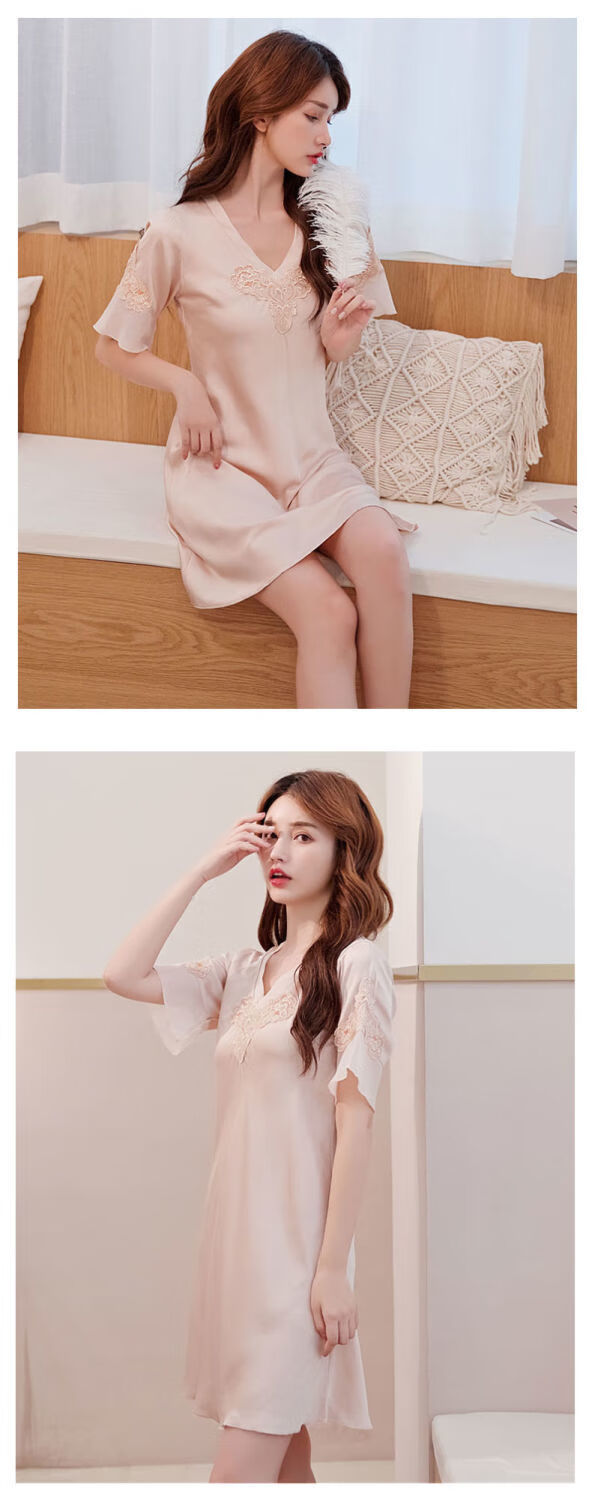 女士夏季睡裙短袖睡裙女春夏季冰丝薄款蕾丝性感仿真丝睡衣家居服红色
