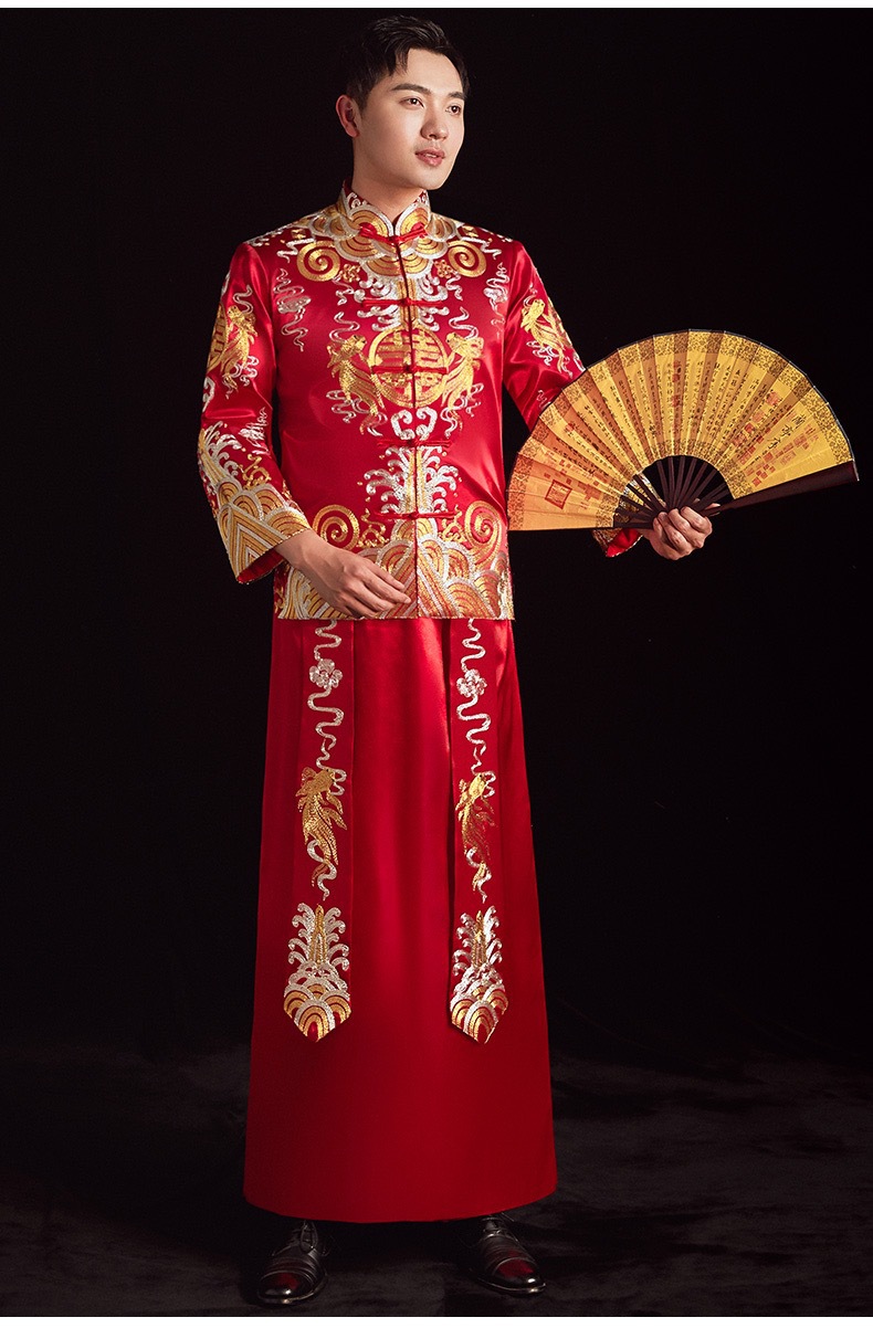 秀禾服男士新郎中式男款2022新款结婚结婚礼服男装唐装马褂 红色丨盘