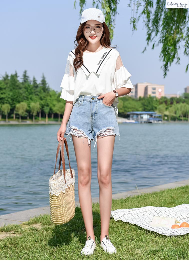 黑色牛仔短裤女2021新韩版学生高腰不规则破洞宽松阔腿潮 浅蓝色 25