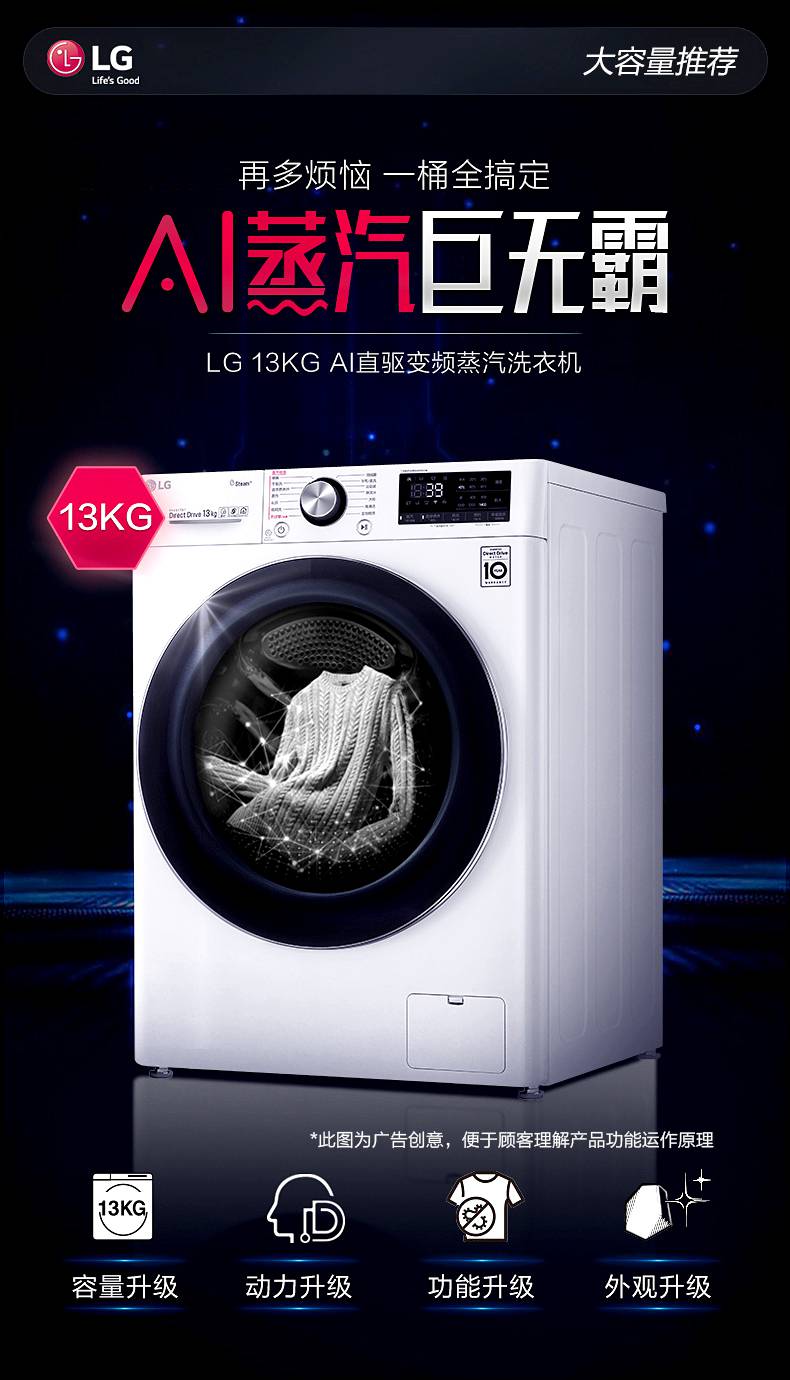 lgfcv13g4w13kg全自动家用滚筒洗衣机ai直驱变频奢华白