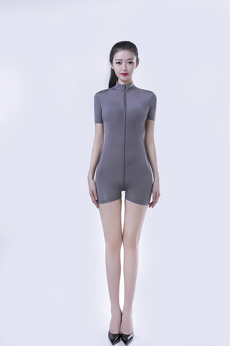 短袖连体衣双头拉链开裆性感紧身弹力女夏季健身瑜伽内衣短裤 黑色