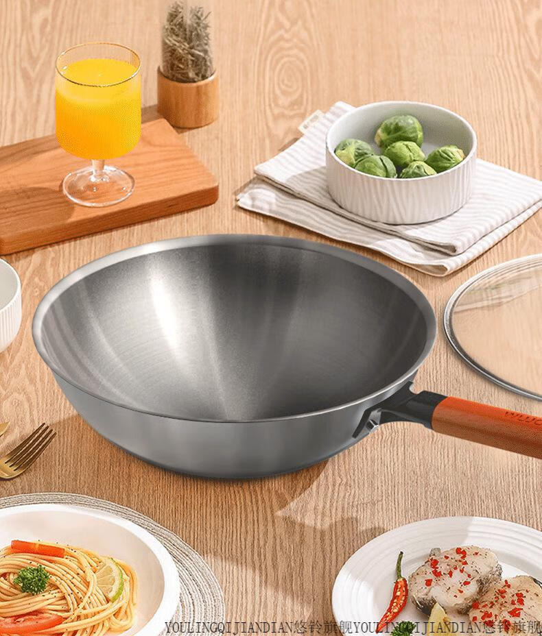 有钛无涂层不粘锅 五江纯钛炒锅家用无涂层不粘锅炒菜超轻油烟燃气灶