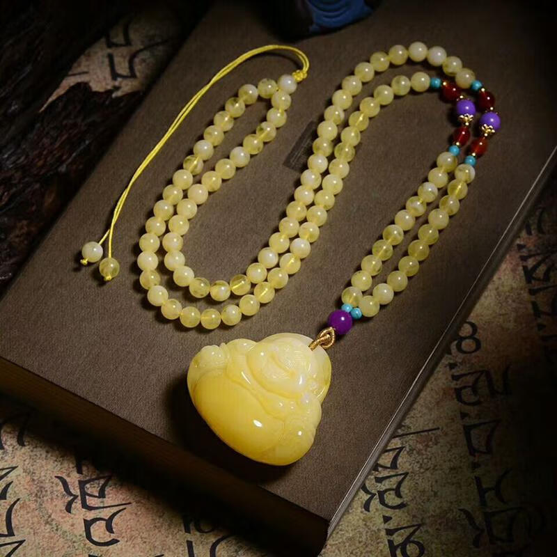 波罗地海鸡油黄老蜜蜡大肚弥勒佛吊坠男女款笑佛秋冬毛衣项链挂件 鸡