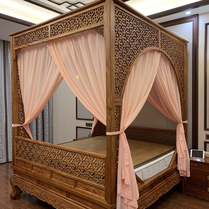 中式架子床床幔中式明清古典古风床纱单双月洞拔步架子床仿血牙色柔肤