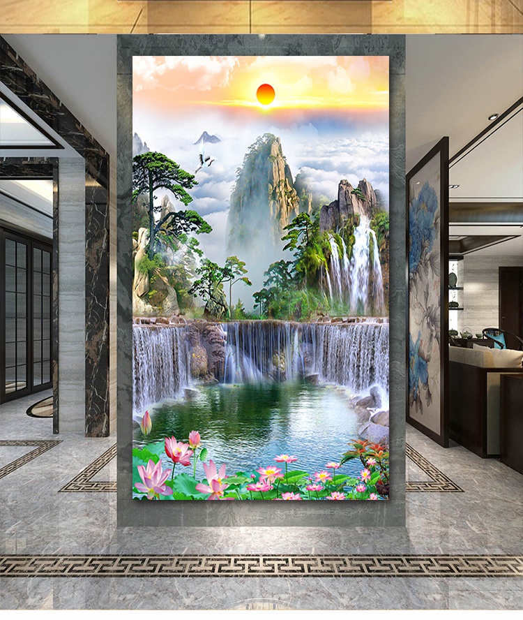祖界家居 瀑布客厅中堂装饰靠山挂画 迎客松 流水生财聚宝盆壁画 山水