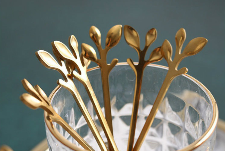 北欧风树叶水果叉套装水果叉子家用创意水果签儿童甜品小叉子金色水果