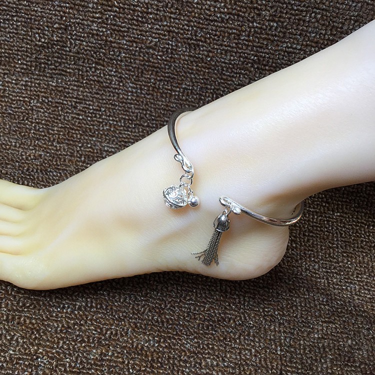脚镯成人 银脚镯 成人实心民族风脚环 挂宫铃流苏生肖本命年绕红绳