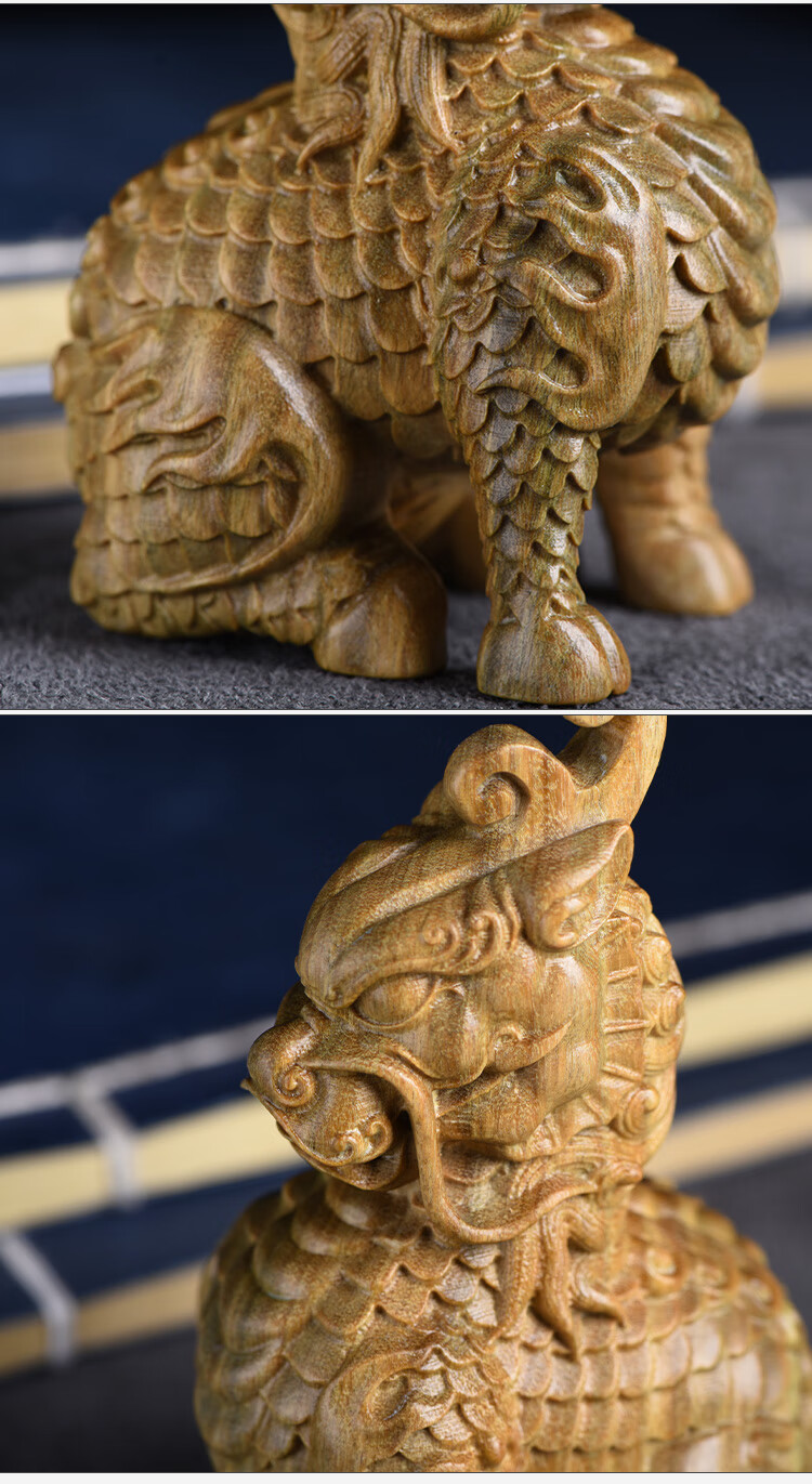 檀福匠绿檀麒麟摆件木雕工艺品瑞兽家居办公室小摆饰摆饰装饰品
