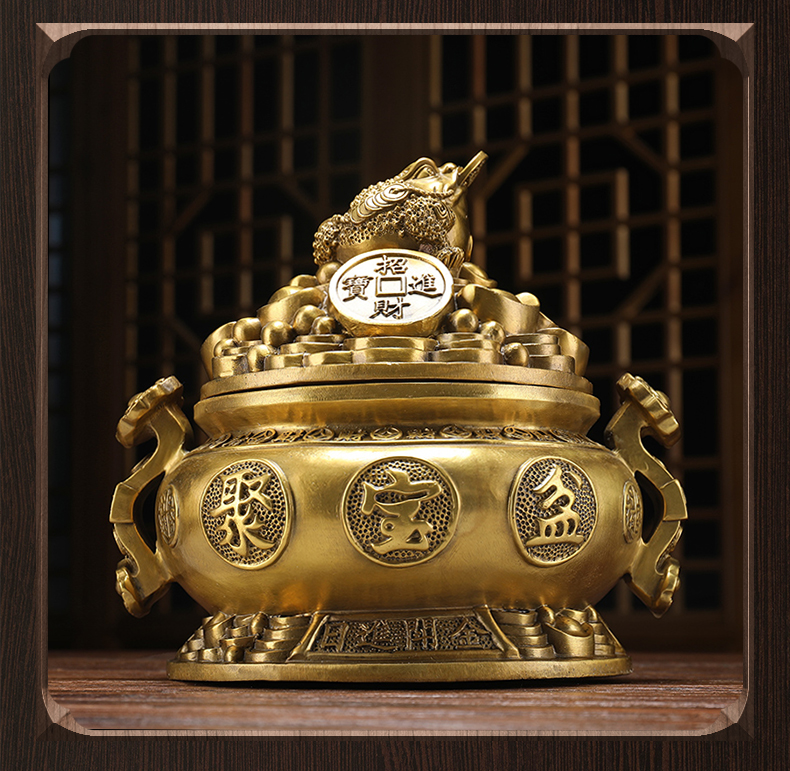 纯铜聚宝盆金蟾摆件三足金蝉蟾蜍风水客厅装饰家居财位存钱罐纯铜金蟾