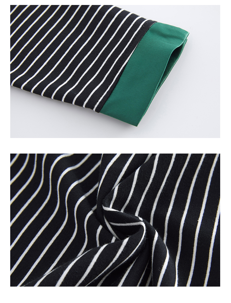 大码t恤女200斤春秋带领细条纹恤长袖宽松胖妈妈装上衣有领衫达黑白